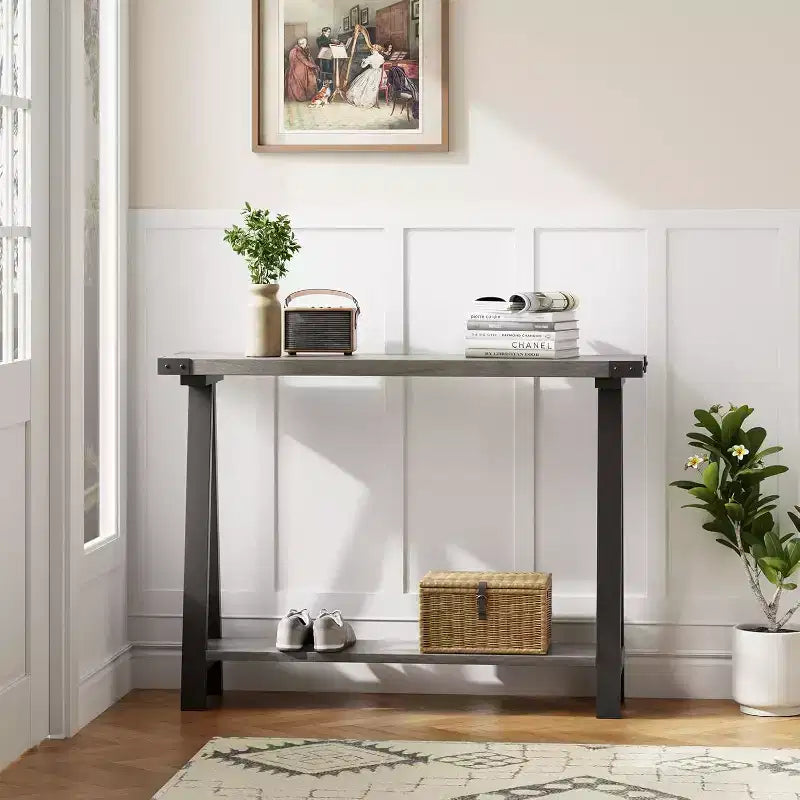 Table de console étroite de ferme, table de console de 43,3 pouces avec rangement, table de canapé à 2 niveaux avec cadre en métal et MDF, table de console étroite pour la maison
