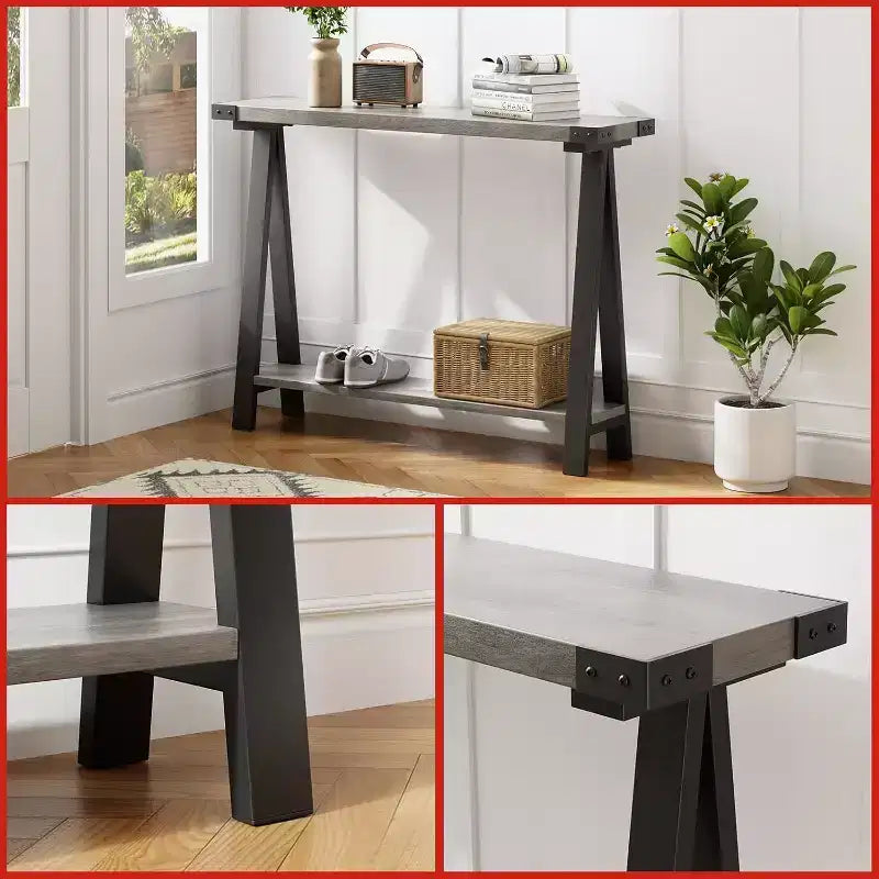 Table de console étroite de ferme, table de console de 43,3 pouces avec rangement, table de canapé à 2 niveaux avec cadre en métal et MDF, table de console étroite pour la maison