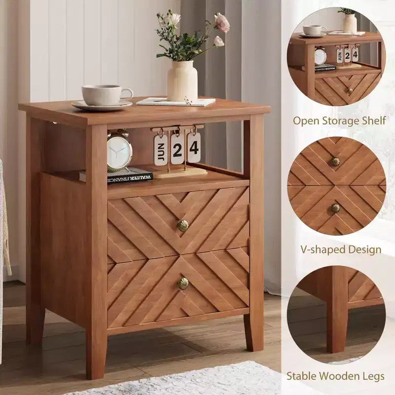 Table de chevet LED Coolmee avec 2 tiroirs de rangement et pieds, table de chevet de style ferme avec étagère de rangement ouverte, table de chevet rustique pour chambre à coucher ou salon