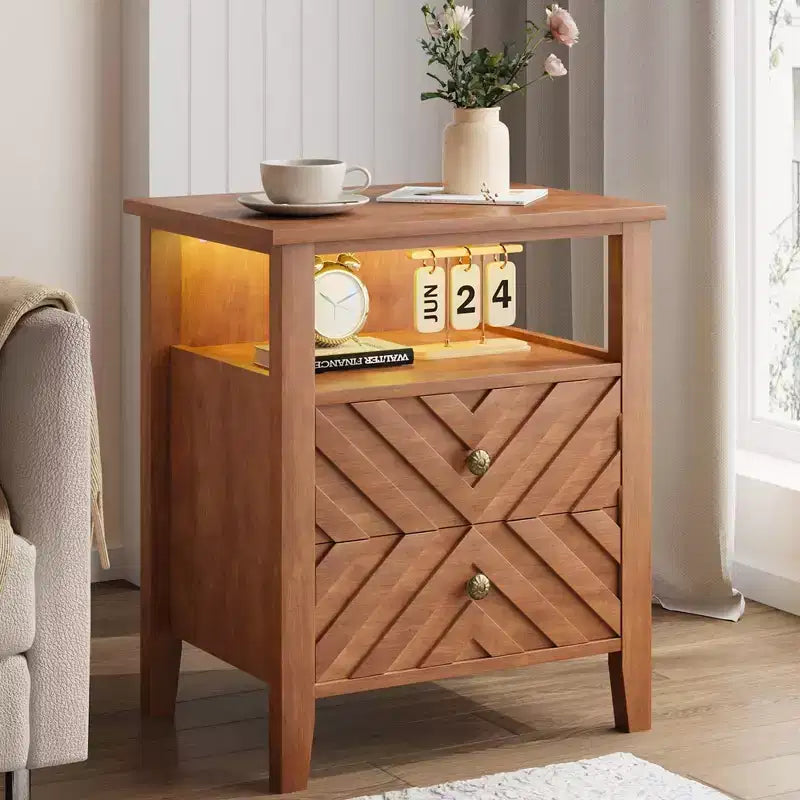 Table de chevet LED Coolmee avec 2 tiroirs de rangement et pieds, table de chevet de style ferme avec étagère de rangement ouverte, table de chevet rustique pour chambre à coucher ou salon