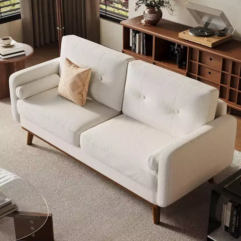 Canapé causeuse moderne du milieu du siècle, 2 places, en lin, avec boutons touffetés et pieds en bois pour salon et appartement