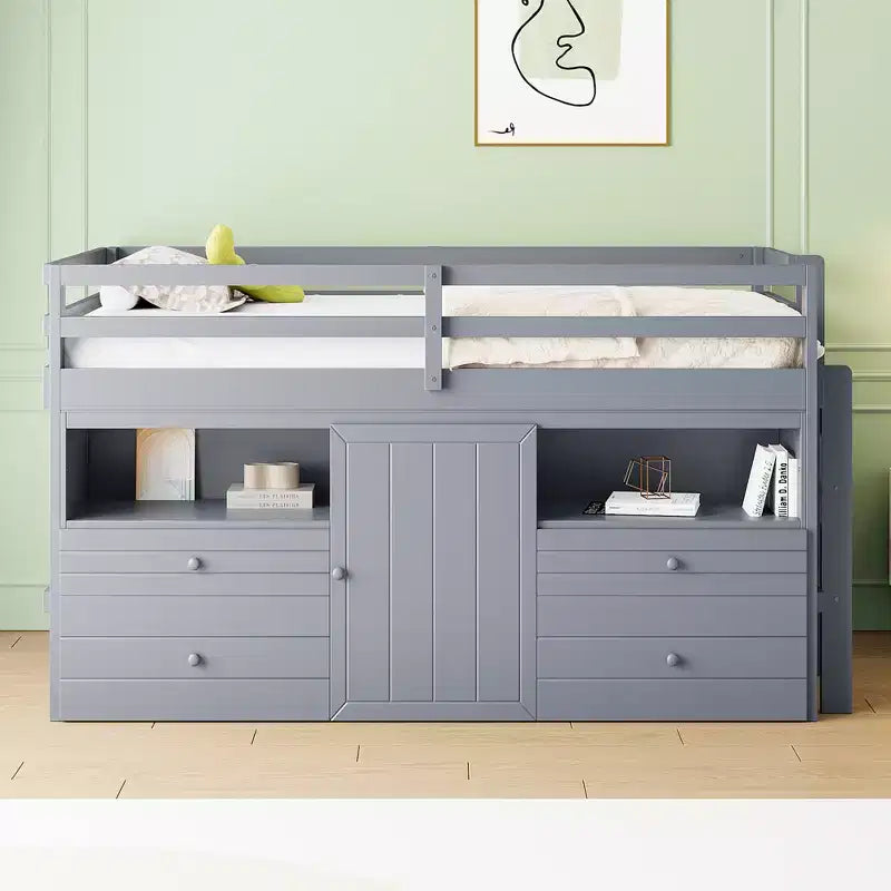 Lit mi-hauteur simple pour enfants, lit mezzanine simple en bois avec tiroirs de rangement, armoire et étagères inférieurs