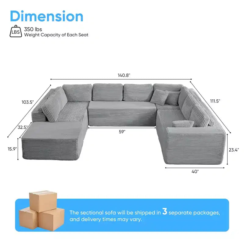 Canapé modulaire en velours côtelé Mjkone 141'' de profondeur, canapé moderne 8 places en forme de U avec pouf mobile