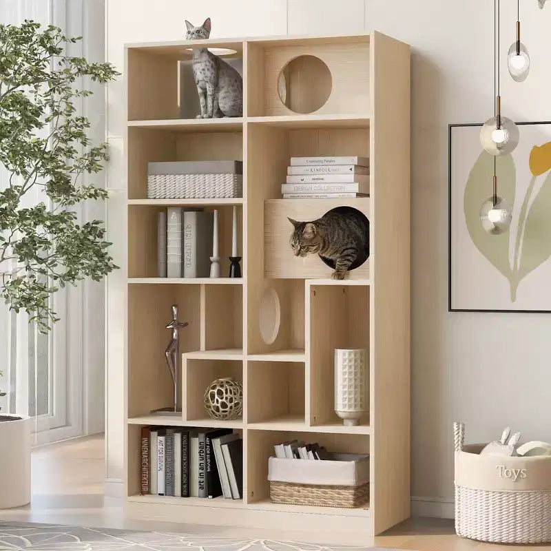 2-en-1 Bibliothèque Maison de chat Arbre à chat Vitrine Cache-litière pour chat Étagère d'escalade Bibliothèque Étagère de rangement, Naturel - ModernLuxe