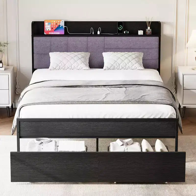 Cadre de lit complet avec tête de lit, cadre de lit plateforme noir avec rangement, cadres de lit robustes avec 2 tiroirs de rangement, pas besoin de sommier tapissier