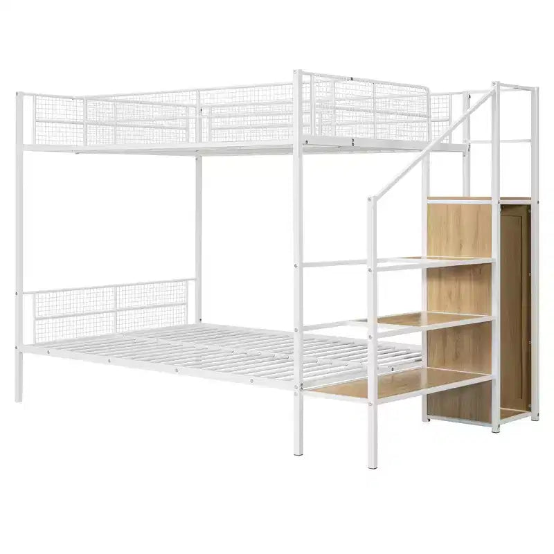 Lit superposé métallique double sur grand format avec escalier de rangement, cadre de lit en acier robuste avec étagères et armoire ouverte pour adolescents et adultes