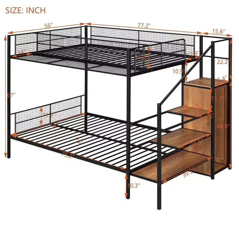 Lit superposé métallique double sur grand format avec escalier de rangement, cadre de lit en acier robuste avec étagères et armoire ouverte pour adolescents et adultes