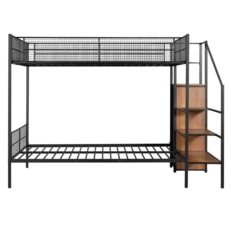 Lit superposé métallique double sur grand format avec escalier de rangement, cadre de lit en acier robuste avec étagères et armoire ouverte pour adolescents et adultes