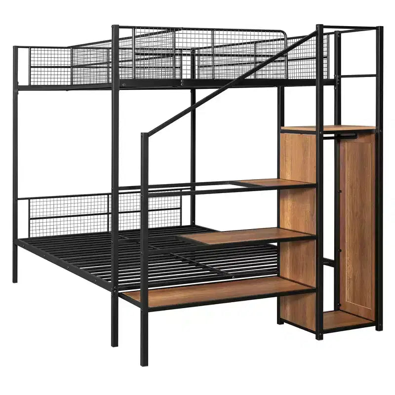 Lit superposé métallique double sur grand format avec escalier de rangement, cadre de lit en acier robuste avec étagères et armoire ouverte pour adolescents et adultes
