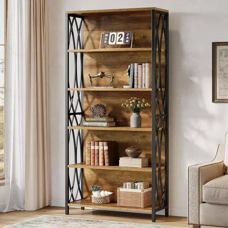 Lantine 70.87 Industrial Bookshelf, 6-Tier Bookcase with Geometric Metal Frame & Open Storage Shelves for Home Office, Living Room, Brown