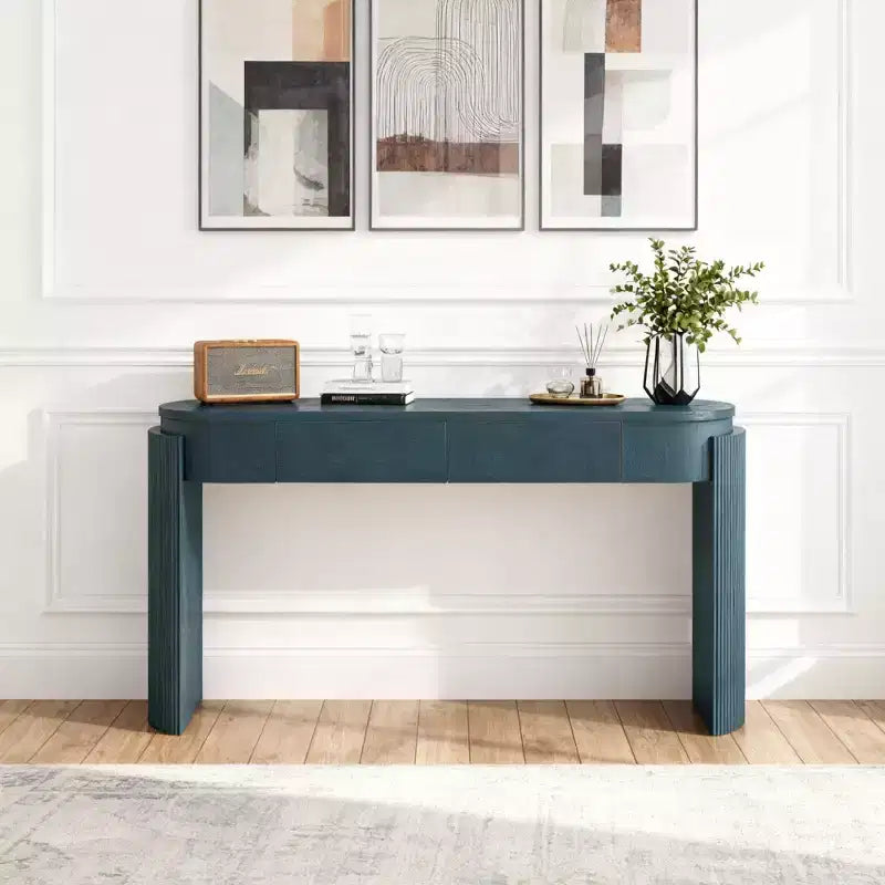 Luxystar Console Table with Natural Wood Grain Finish, Oval Top and 2 Drawers for Entryway and Living Room, Navy
