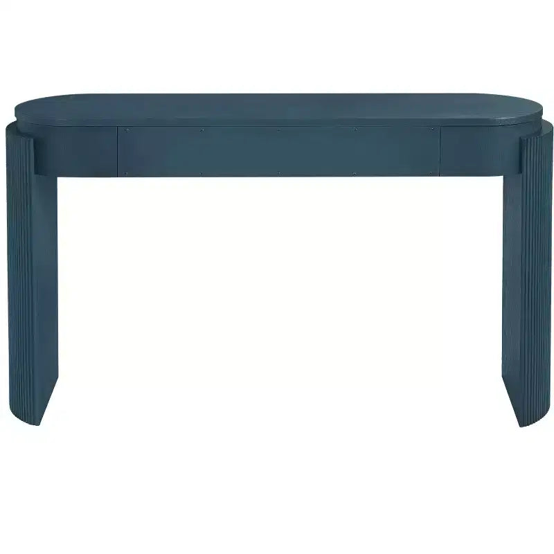Console Luxystar avec finition grain de bois naturel, plateau ovale et 2 tiroirs pour entrée et salon, bleu marine