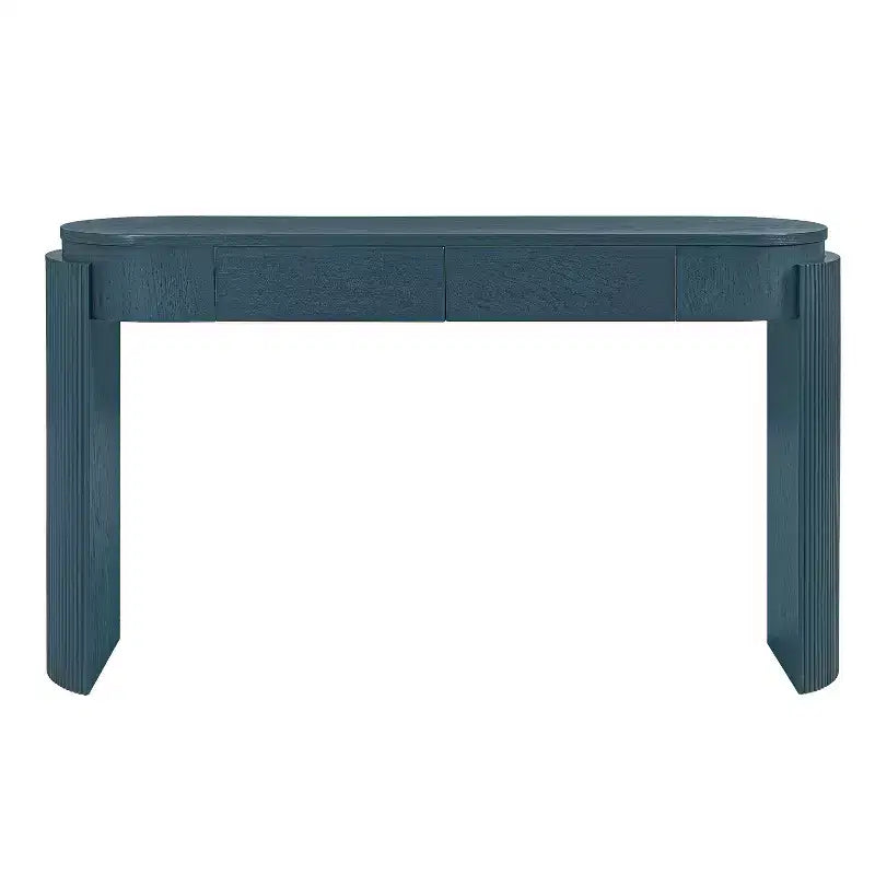 Console Luxystar avec finition grain de bois naturel, plateau ovale et 2 tiroirs pour entrée et salon, bleu marine