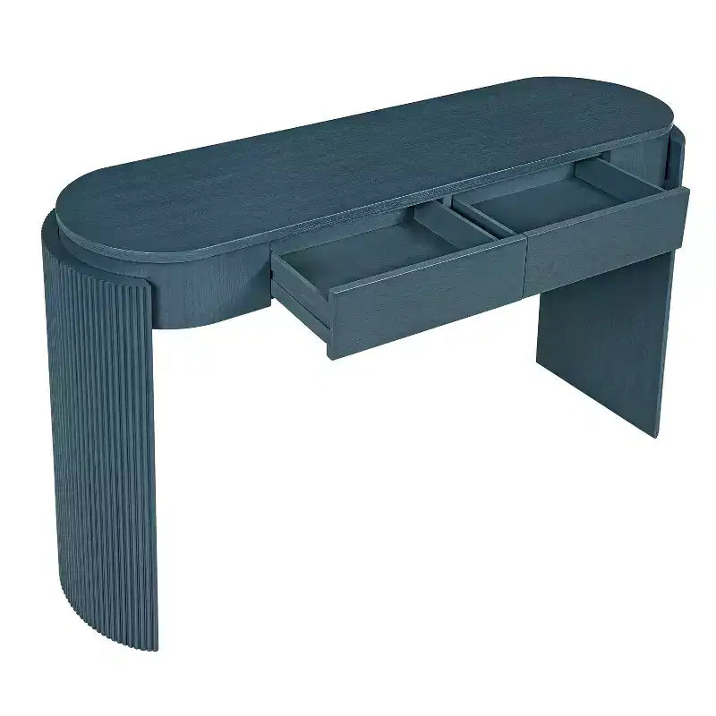 Console Luxystar avec finition grain de bois naturel, plateau ovale et 2 tiroirs pour entrée et salon, bleu marine
