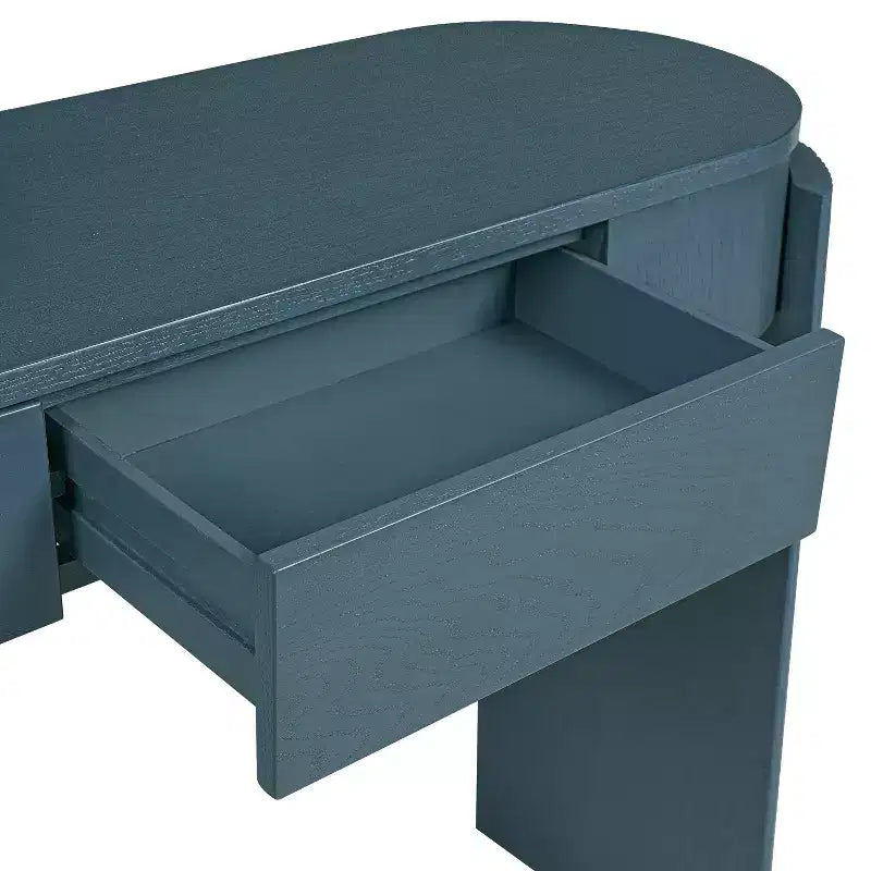 Console Luxystar avec finition grain de bois naturel, plateau ovale et 2 tiroirs pour entrée et salon, bleu marine
