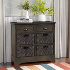 GDFStudio Elsie Meuble de rangement en bois massif avec tiroirs et paniers en rotin