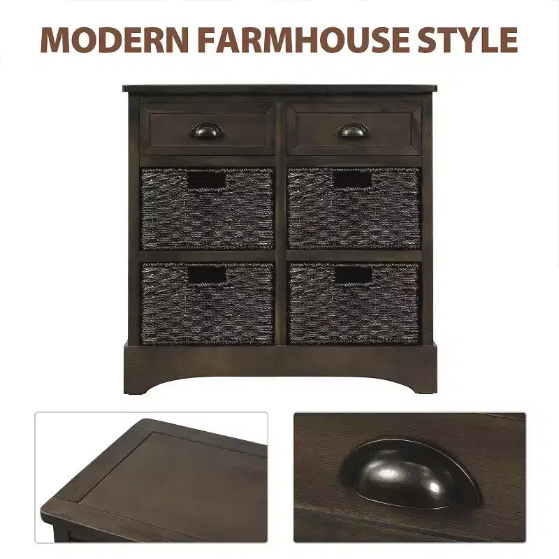 GDFStudio Elsie Meuble de rangement en bois massif avec tiroirs et paniers en rotin