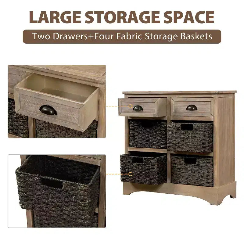 GDFStudio Elsie Meuble de rangement en bois massif avec tiroirs et paniers en rotin