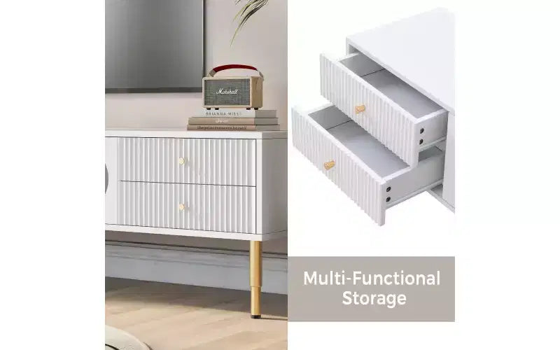 Meuble TV CuisinSmart pour téléviseur jusqu'à 80'', table de télévision moderne, console multimédia centrale avec 2 tiroirs pour salon et chambre à coucher, blanc