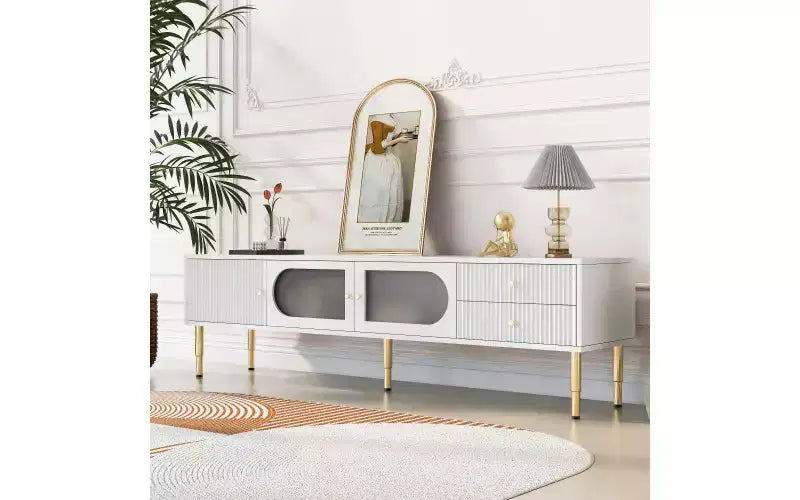 Meuble TV CuisinSmart pour téléviseur jusqu'à 80'', table de télévision moderne, console multimédia centrale avec 2 tiroirs pour salon et chambre à coucher, blanc