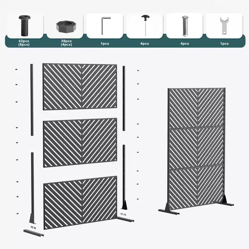 MAYEERTY Brise-vue extérieur en métal 1,8 m 1,2 m noir, en fer galvanisé à persiennes larges et étroites à 6 panneaux pour jardin