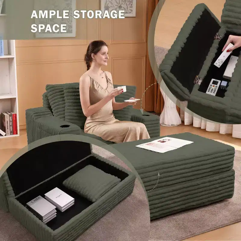 Chaise longue surdimensionnée avec pouf de rangement, canapé-lit nuage en velours côtelé rembourré avec 3 oreillers pour salon, chambre à coucher
