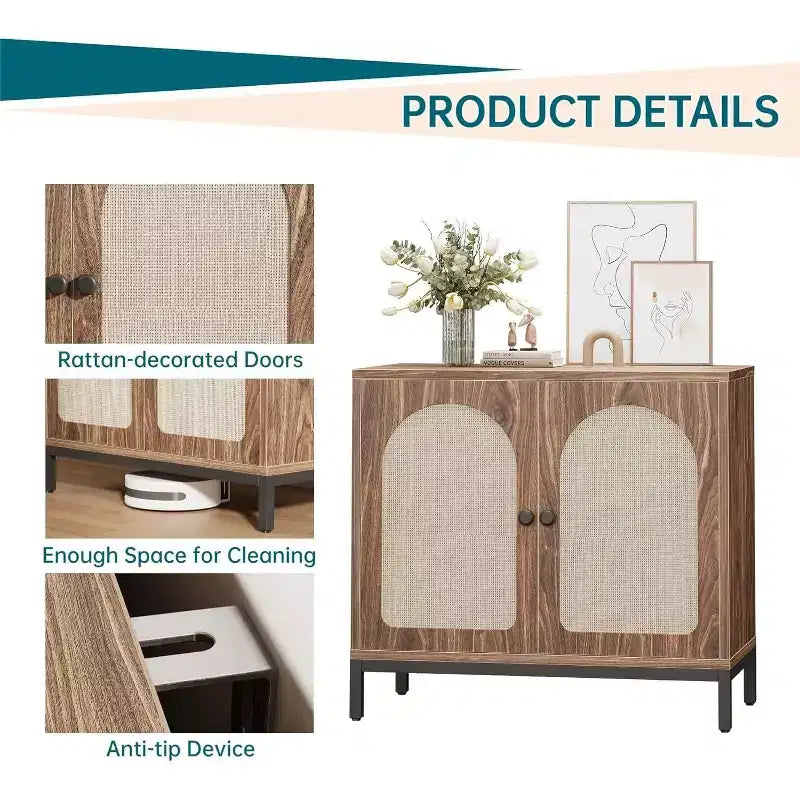 Acekool Lot de 2 bahuts en rotin avec étagères réglables, buffets de rangement style ferme avec portes tissées, marron