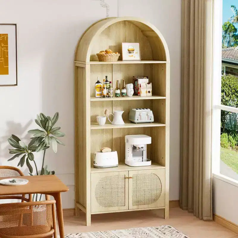 Karl Home Oak Arched with 2 Doors Rattan 3-Shelf Display Cabinet