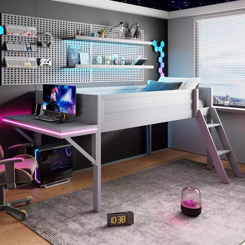 Lit mezzanine double en bois avec bureau et LED, cadre de lit en bois avec plateau en bois pour salle de jeux