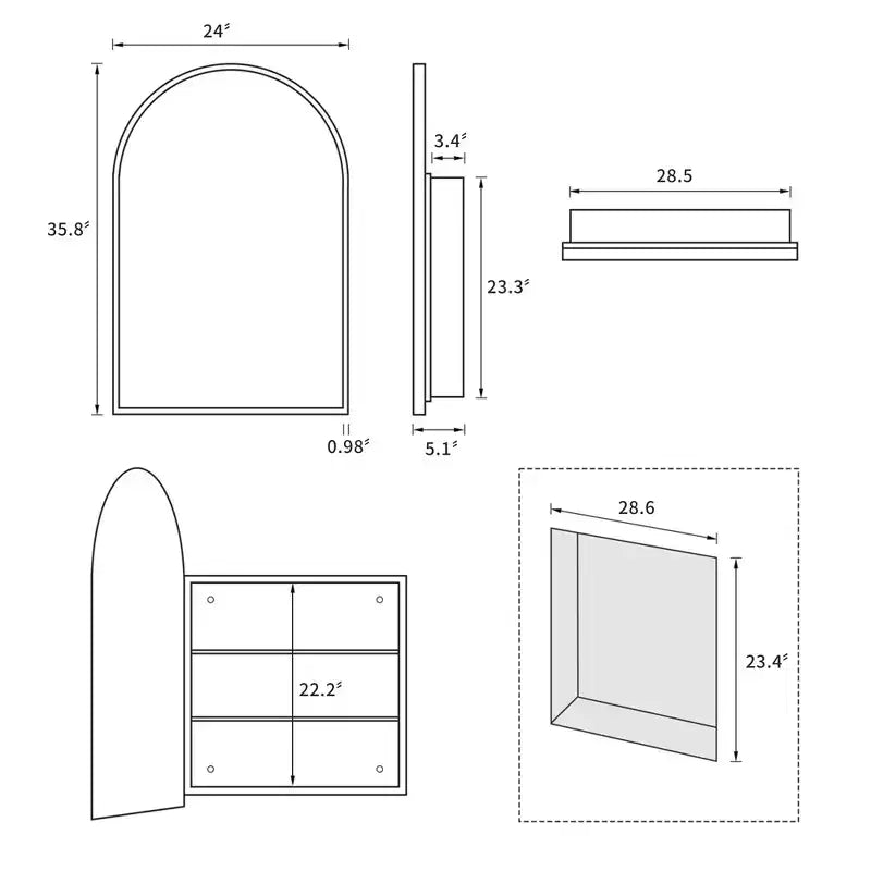 MAYEERTY 24 x 35,8 po Armoires de salle de bain murales modernes en forme d'arche, miroir mural avec rangement à cadre métallique, Noir