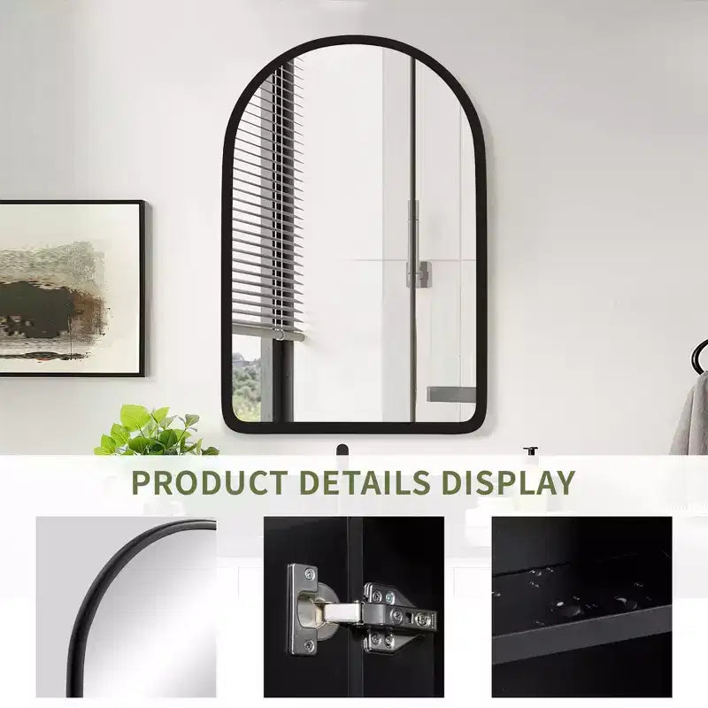 MAYEERTY 24 x 35,8 po Armoires de salle de bain murales modernes en forme d'arche, miroir mural avec rangement à cadre métallique, Noir