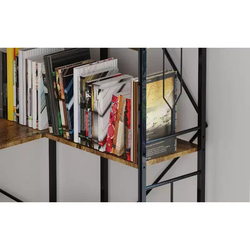 Étagère d'angle industrielle 7 niveaux Okak, bibliothèque autoportante en forme de L, vitrine pour salon, chambre, bureau, marron