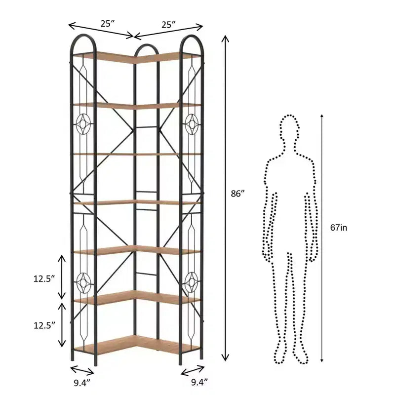 Étagère d'angle industrielle 7 niveaux Okak, bibliothèque autoportante en forme de L, vitrine pour salon, chambre, bureau, marron
