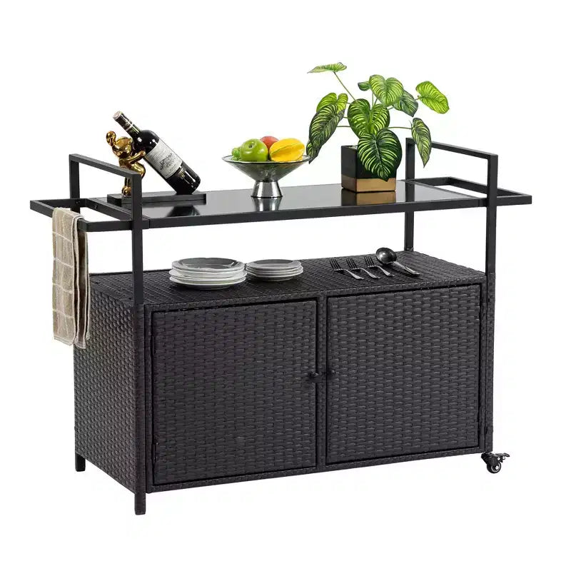 NAYSAYE Bar Serving Cart Outdoor Wicker Wine and Beverage Counter with Glass Tabletop for Patio , Black, 51.18*19.69*35.43