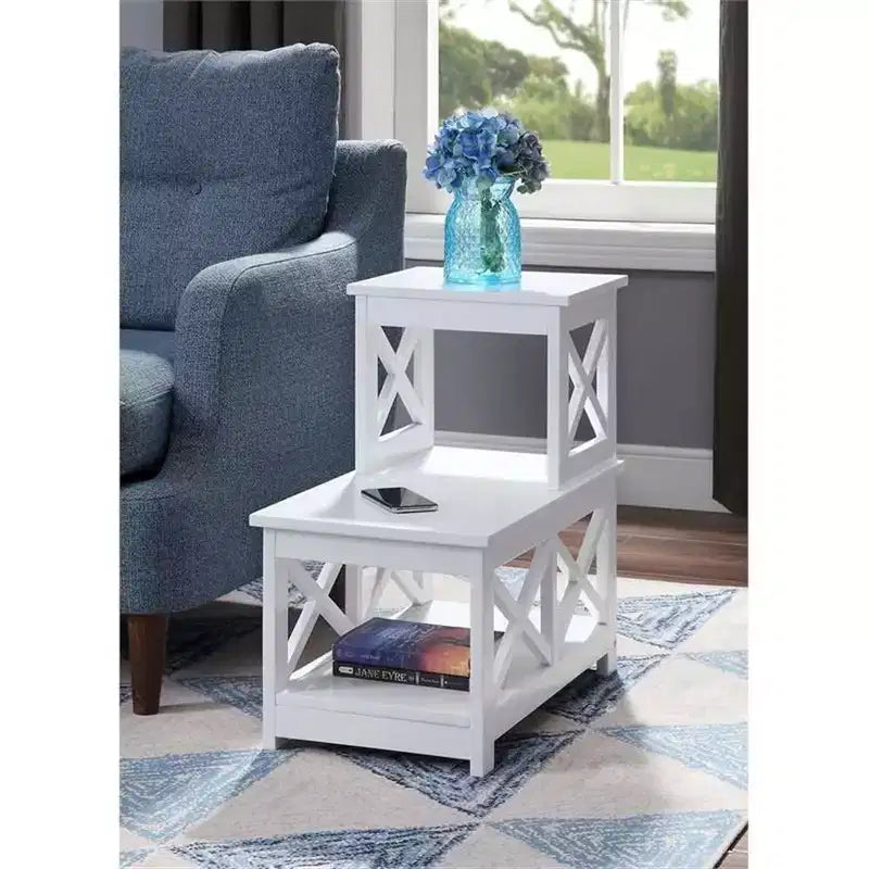 Table d'appoint à 2 niveaux HomeStock Belmont avec design chic en L et côtés en X, étagères de rangement multi-niveaux pour le salon ou le bureau