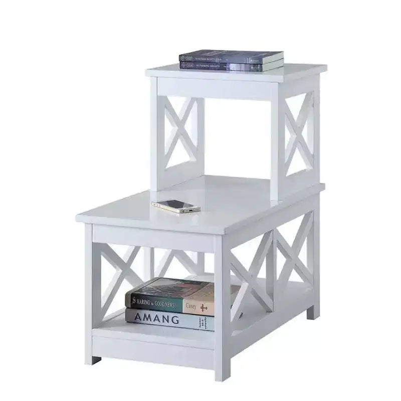 Table d'appoint à 2 niveaux HomeStock Belmont avec design chic en L et côtés en X, étagères de rangement multi-niveaux pour le salon ou le bureau