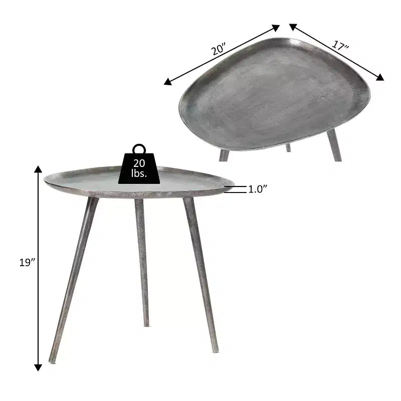 Table d'appoint HomeStock Belmont en métal avec plateau triangulaire arrondi et trois pieds, table d'appoint en aluminium fabriquée à la main avec une finition moderne rustique