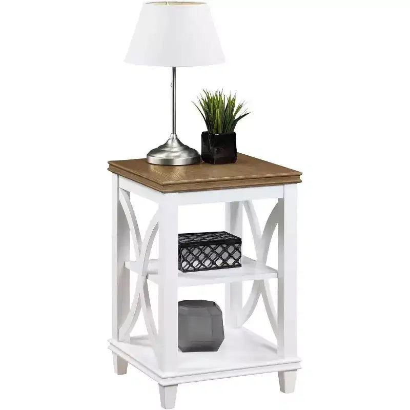 Table d'appoint Belmont HomeStock avec étagères Design en X d'inspiration italienne Rangement à deux niveaux Bois d'hévéa massif avec placage de chêne Table d'appoint