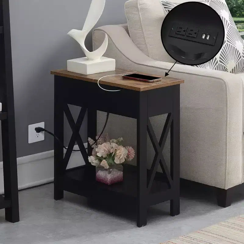 Table d'appoint relevable HomeStock Belmont avec station de charge et étagère, finition bicolore, table de chevet moderne avec rangement et présentoir cachés