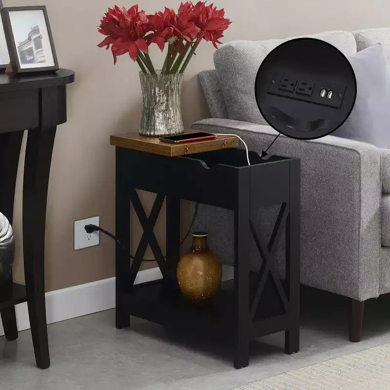 Table d'appoint relevable HomeStock Belmont avec station de charge et étagère, finition bicolore, table de chevet moderne avec rangement et présentoir cachés