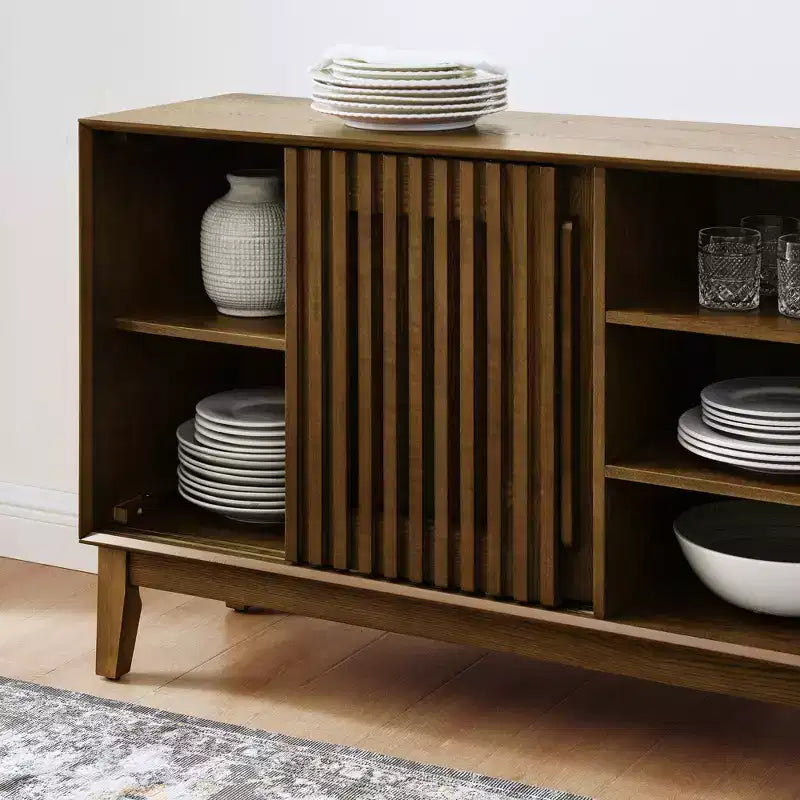 Bahut-buffet de 120 cm avec rangements, bahut-buffet de ferme cannelé avec 2 portes et pieds en bois massif, meuble console média