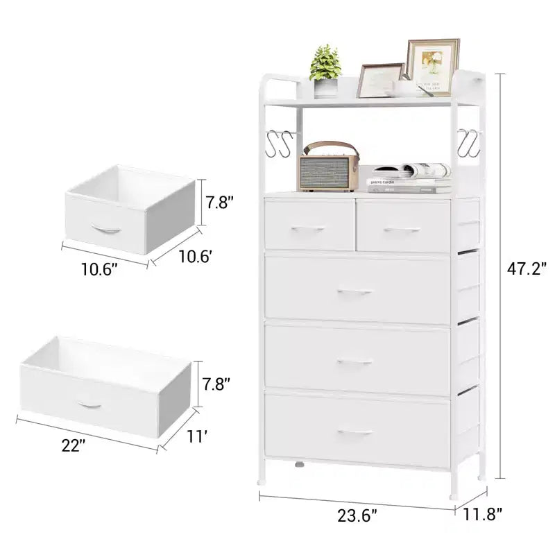 Commode à 5 tiroirs, Commode haute pour chambre à coucher, Organiseur de rangement avec bacs en tissu, Plateau en bois, Cadre en acier robuste, Poignée facile à tirer, Couloir, Blanc