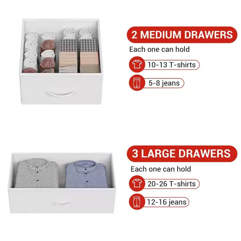 Commode à 5 tiroirs, Commode haute pour chambre à coucher, Organiseur de rangement avec bacs en tissu, Plateau en bois, Cadre en acier robuste, Poignée facile à tirer, Couloir, Blanc