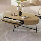 Table basse ovale avec tiroir, table basse en bois de style moderne du milieu du siècle avec rangement de 120 cm