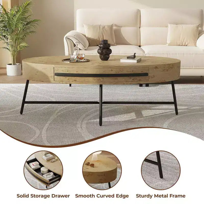 Table basse ovale avec tiroir, table basse en bois de style moderne du milieu du siècle avec rangement de 120 cm
