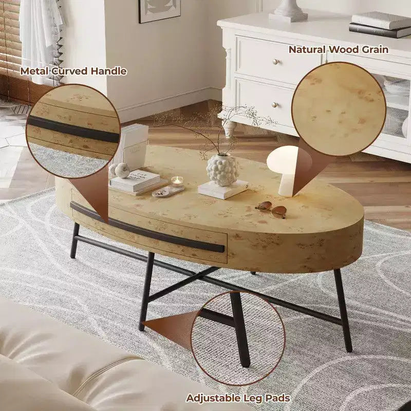 Table basse ovale avec tiroir, table basse en bois de style moderne du milieu du siècle avec rangement de 120 cm