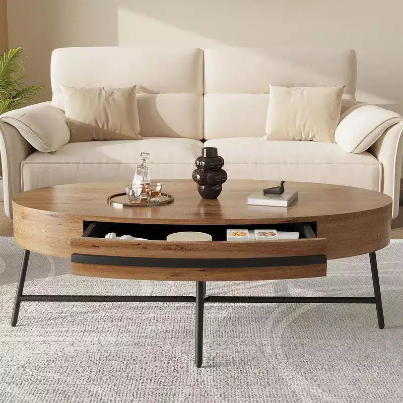 Table basse ovale avec tiroir, table basse en bois de style moderne du milieu du siècle avec rangement de 120 cm