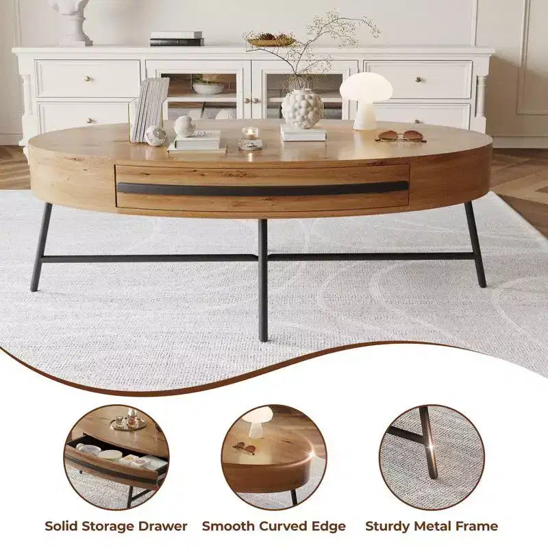 Table basse ovale avec tiroir, table basse en bois de style moderne du milieu du siècle avec rangement de 120 cm