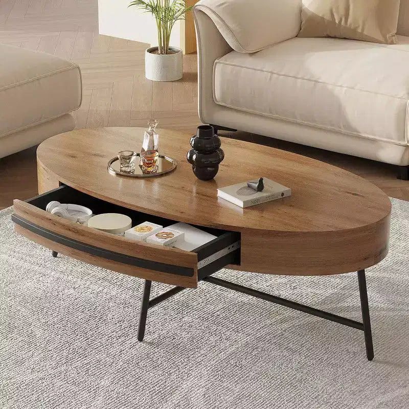Table basse ovale avec tiroir, table basse en bois de style moderne du milieu du siècle avec rangement de 120 cm