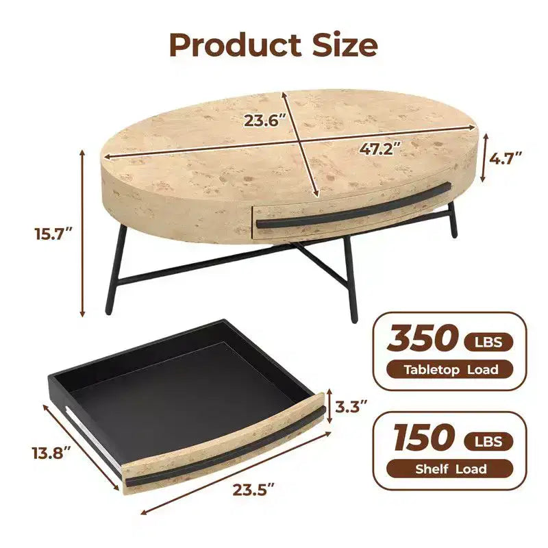 Table basse ovale avec tiroir, table basse en bois de style moderne du milieu du siècle avec rangement de 120 cm